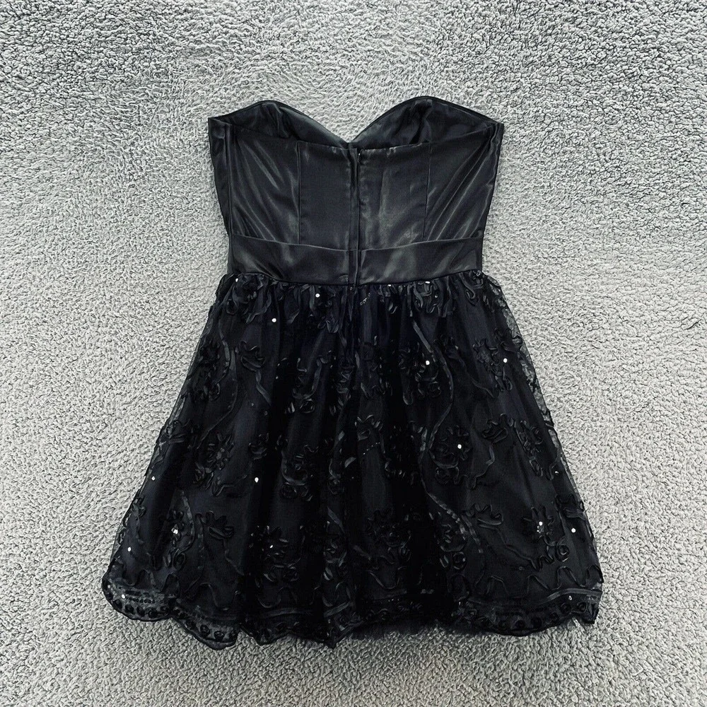 Gunne Sax Dress Black Fitted Satin Corset Strapless Puff Goth AboveKnee - Picture 11 of 15